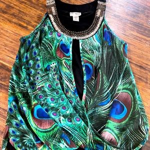 Beaded neckline peacock print chiffon overlay with black jersey tank under layer